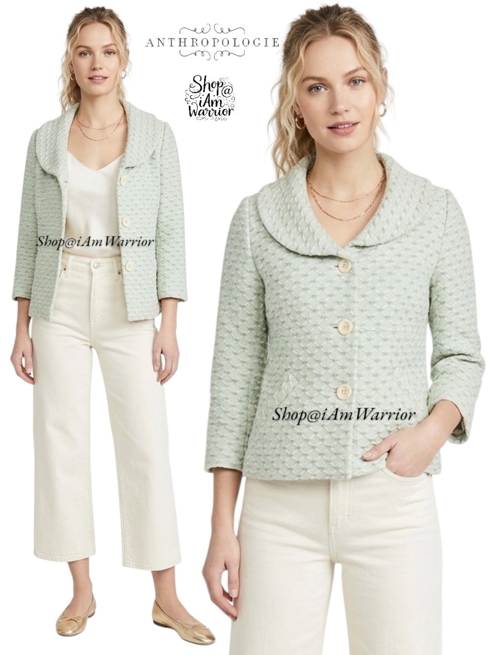Anthropologie {Elevenses} aqua/mint/cream textured blazer *shop@iamwarrior